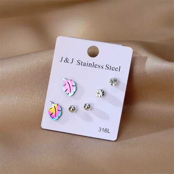Wholesale 1 Set Casual Leaves Plating Inlay 201 Stainless Steel Rhinestone Iron Zircon Ear Studs