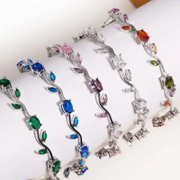 Wholesale Trendy Color Zirconia Branch Bracelet Copper Material Leaf Wave Bohemian Style Women's Jewelry Accessories Hand Chain