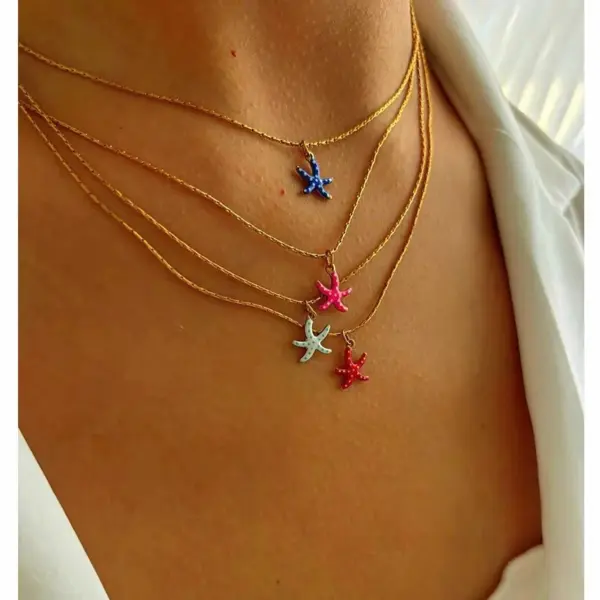 304 Stainless Steel Starfish PVD Coated Enamel Real Gold Plated Retro Simple Style Waterproof Non Tarnish Surgical Steel Bamboo Necklace Lobster Trigger Clasp Closure White Red Pendant Necklace