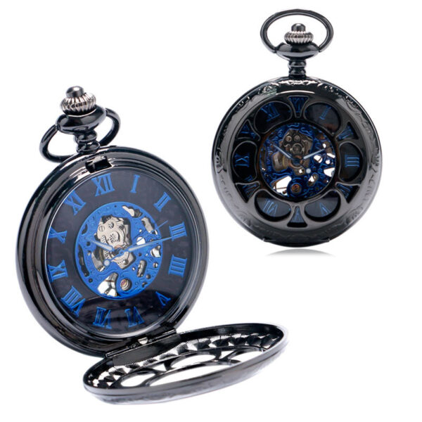 Wholesale Vintage Fashion Tungsten Steel Gun Black Petal Blue Face Mechanical Pocket Watch Flip Hollow Pocket Watch Hot Selling Men's and Women's Hanging Watch