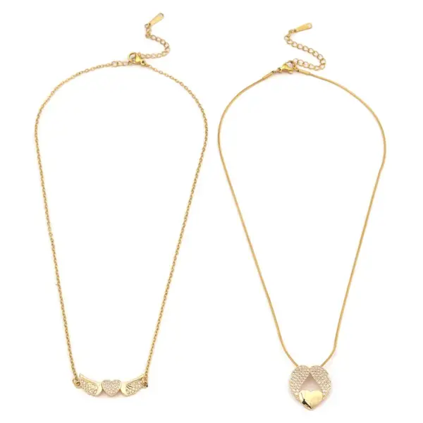 Wholesale Copper Vintage Style Plating Inlay Heart Shape Wings Zircon Pendant Necklace