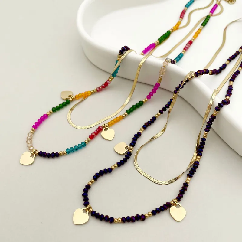 Wholesale Jewelry Bohemian Heart Shape 304 Stainless Steel Crystal Beads Gold Plated Plating Stainless Steel Necklaces