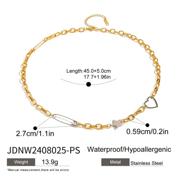 Wholesale 304 Stainless Steel Star Heart Shape PVD Coated 18K Real Gold Plated Simple Style Classic Style Necklace