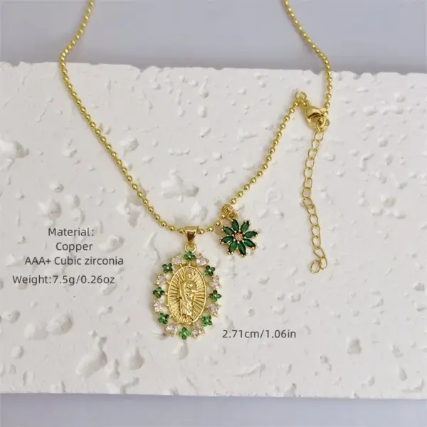 Wholesale Jewelry Retro Classic Style Cross Virgin Mary Copper Zircon 18K Gold Plated Pendant Necklace Ball Chain