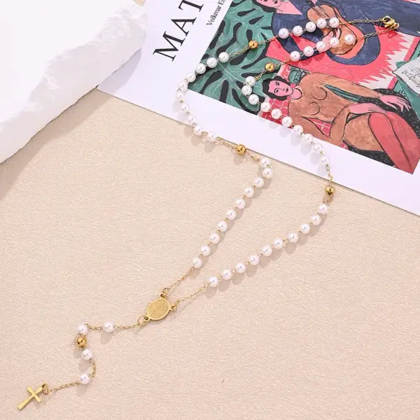 Wholesale Jewelry Classical Vintage Style Cross Virgin Mary Pearl 304 Stainless Steel 18K Gold Plated Beaded Handmade Polishing Necklace