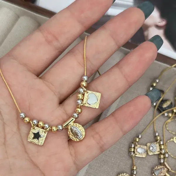 Wholesale Copper 18K Gold Plated Pleated Stoving Varnish Plating Virgin Mary Star Moon Pendant Necklace