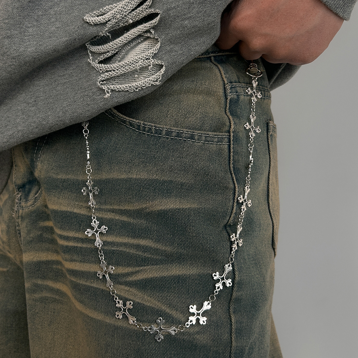 Wholesale European and American Metal Chain Jeans Pants Chain Men's Hip-Hop Niche High-Ll Cross-Border Men's Cross Waist Chain Aessories