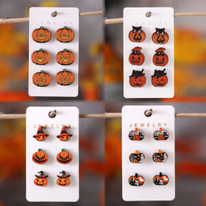 oly-7cd3ace0a447ba8af760b257dc479d95 Wholesale Cross-Border New Halloween Ghost Witch Hat Black Cat Ghost Face Pumpkin Earrings Set Wooden Party Earrings Gift