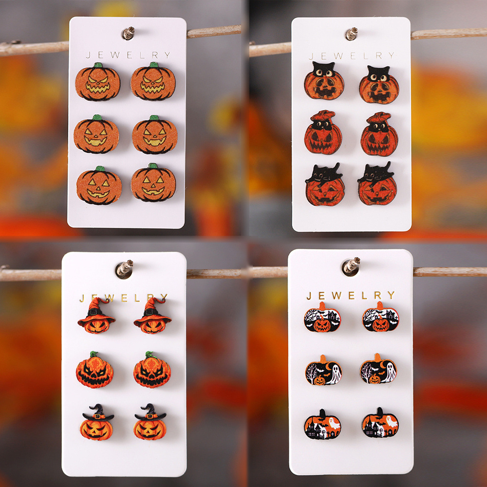 Wholesale Cross-Border New Ghost Witch Hat Black Cat Ghost Face Pumpkin Earrings Set Wooden Party Earrings Gift