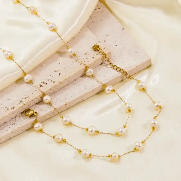 PVD Coated 14K Gold Real Gold Plated Solid Color 304 Stainless Steel Imitation Pearl Simple Style Waterproof Non Tarnish Bracelets Anklet Necklace