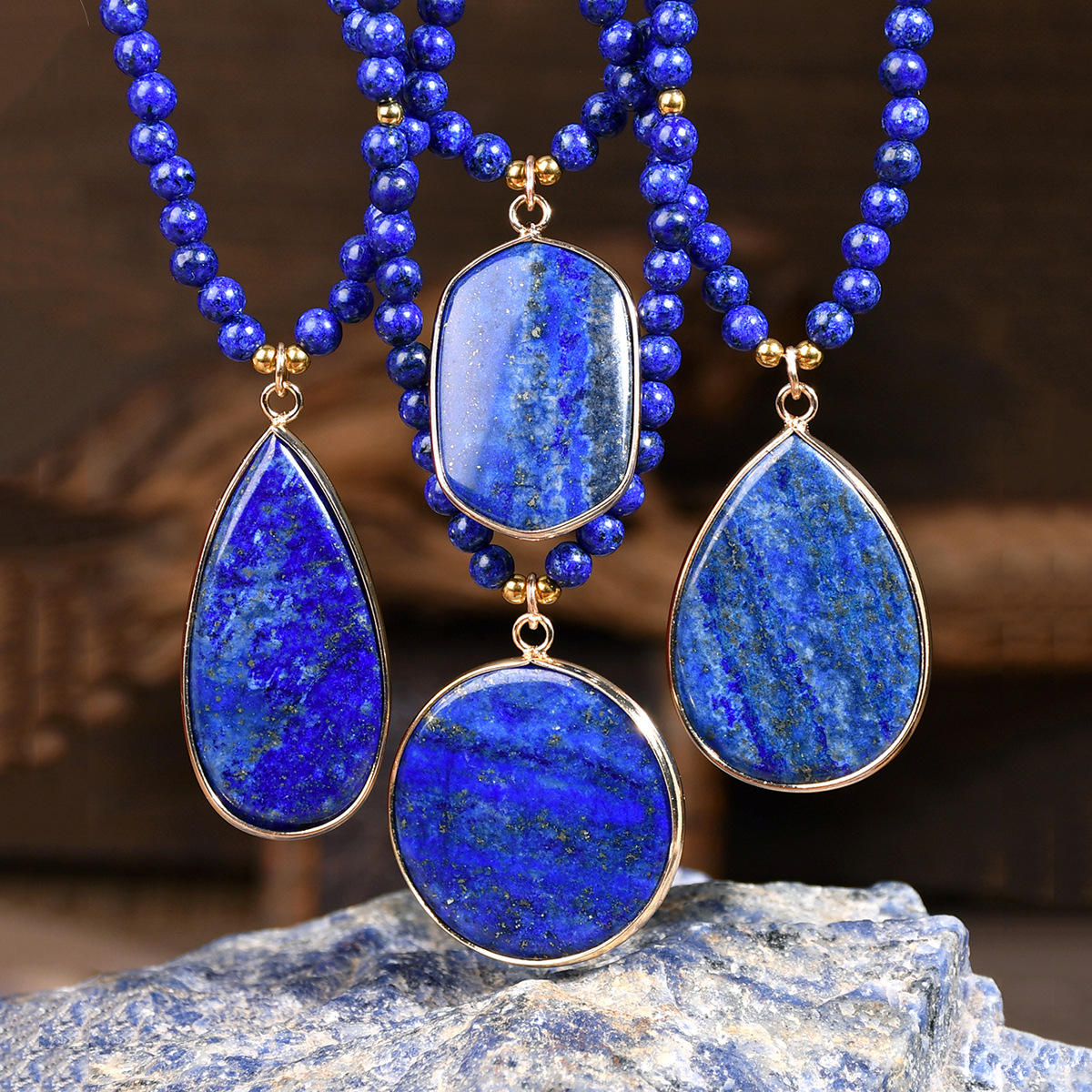 Wholesale Temu Xiyin Hot Selling Lapis Lazuli Beaded Necklace Women's Aessible Luxury High-End op-Shaped Pendant Sweater Chain Jewelry