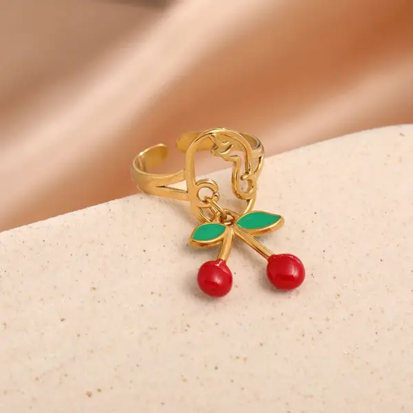 Wholesale Ion Plating (IP) 18K Gold Plated Cherry 304 Stainless Steel Elegant Cute Luxurious Waterproof Non Tarnish Open Rings