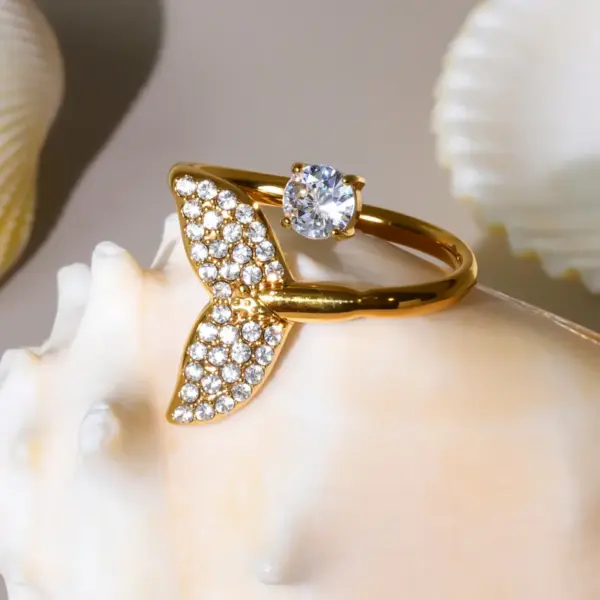 Wholesale Stainless Steel Open Ring Fish Tail Starfish Shell 5A Zirconia True Gold Plated Ocean Series Index Finger Jewelry Luxury Romantic