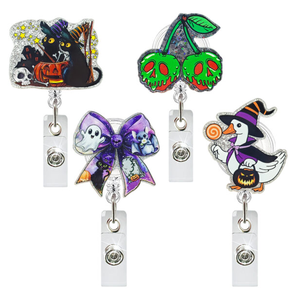 oly-7cfd3f86b86bd3730fd12eb1198e084c Wholesale New Halloween Cherry Bow Black Cat Easy-Pull Buckle Telescopic Rotating Doctor Nurse Telescopic Id Buckle Badge