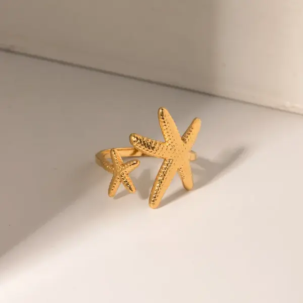 PVD Coated Real Gold Plated Starfish 304 Stainless Steel IG Style Waterproof Non Tarnish Open Rings