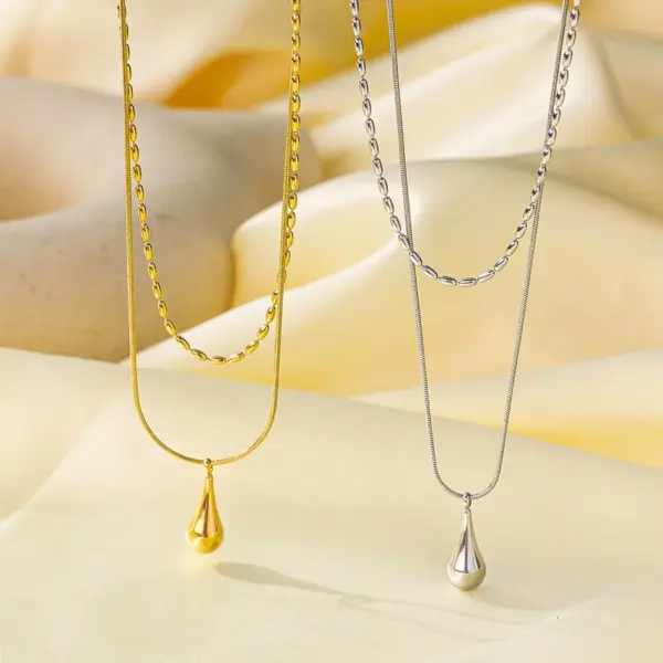 Wholesale Jewelry Elegant Water Droplets Heart Shape Titanium Steel 18K Gold Plated Plating Necklace Ball Chain Snake Chain