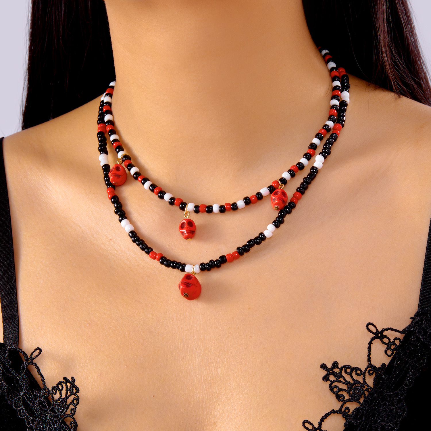 Wholesale Stacking Necklace European and American Cross-Border New Style Stacking Contrasting Color Evil Style Ghost Skull Pendant Necklace