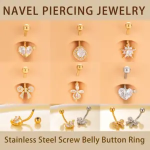 Wholesale 1 Piece 316 Stainless Steel Copper Zircon Belly Rings Heart Shape Bow Knot