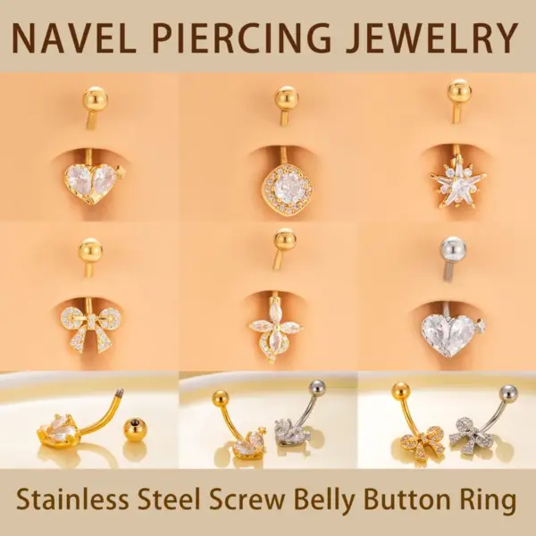 Wholesale 1 Piece 316 Stainless Steel Copper Zircon Belly Rings Heart Shape Bow Knot