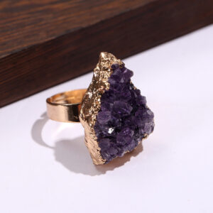 Wholesale Amazon Hot Selling Natural Amethyst Cluster Electroplated Gold Open Ring Crystal Tooth Geode Rough Jewelry