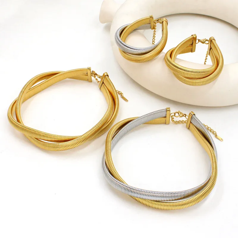 Wholesale PVD Coated 18K Gold Real Gold Plated Geometric 304 Stainless Steel Retro Simple Style Waterproof Non Tarnish Bracelets Necklace Jewelry Set