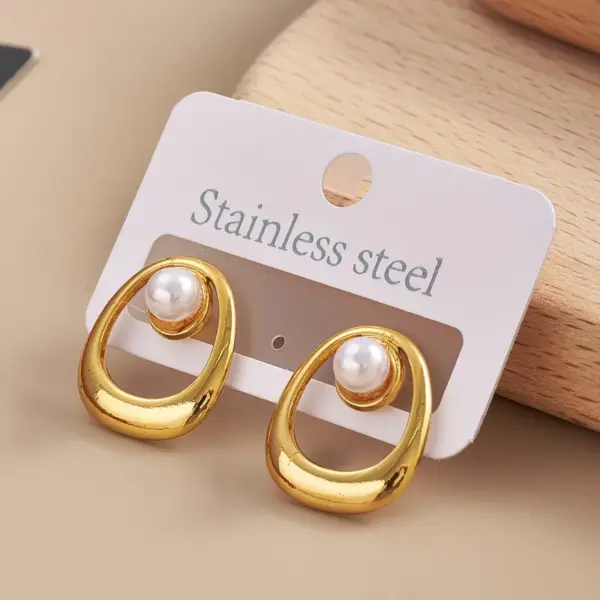 Wholesale 304 Stainless Steel Geometric Square Electroplating Imitation Pearl Golden Plated IG Style Casual Polishing Hollow Out Inlay Ear Studs