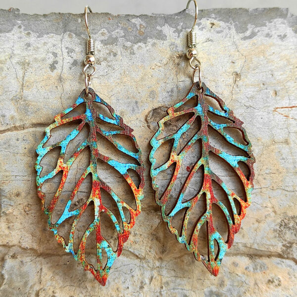 Wholesale Colorful Bohemian retro distressed hollow leaf wood earrings