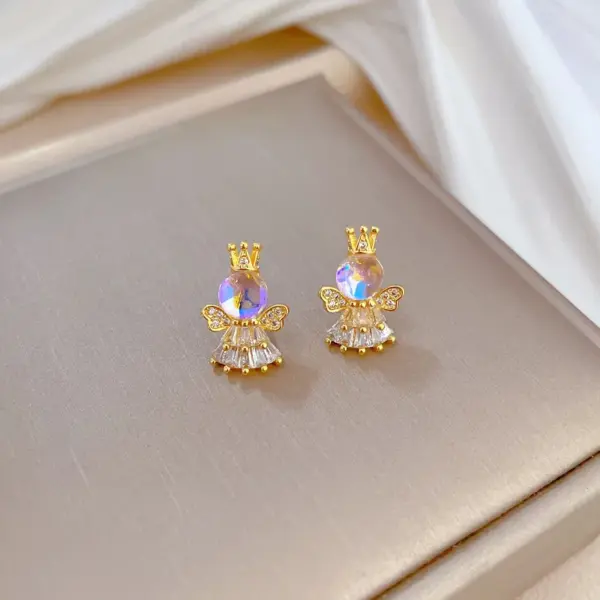 Wholesale Golden Plated 304 Stainless Steel Electroplating Zircon Angel Luxurious Earrings Necklace For Women'S