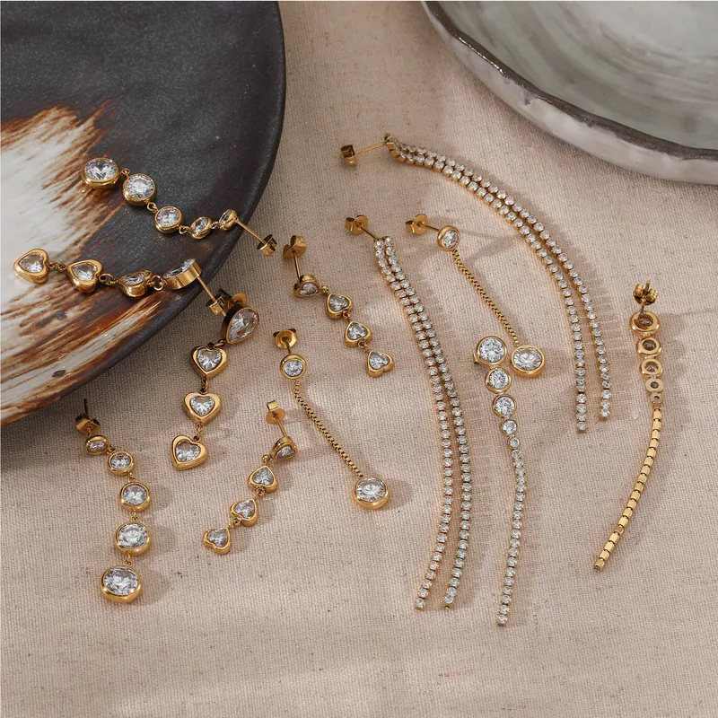 Wholesale 304 Stainless Steel Simple Zircon Pendant Tassel Long Earrings For Women 16K Real Gold Plated Platinum Plated Vacuum Electroplating (Fired)