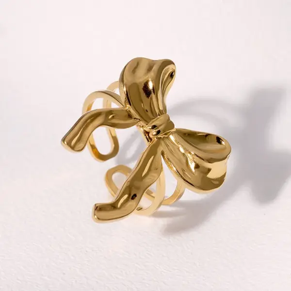 Wholesale PVD Coated Real Gold Plated 18K Gold Bow Knot 304 Stainless Steel Cute Sweet Simple Style Waterproof Non Tarnish Open Rings