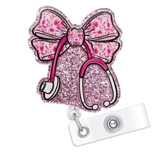 oly-7d93168fac8483ee2ff08ae9d37b8fe6 Wholesale Acrylic ID card clip with bow tie, retractable name tag holder, easy-open buckle