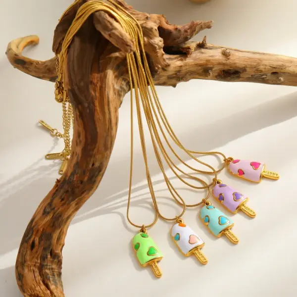 Wholesale Adorable Fresh 18K Gold Plated Stainless Steel Ice Cream Pendant Necklace Drop Oil Design Casual Romantic Commute Style