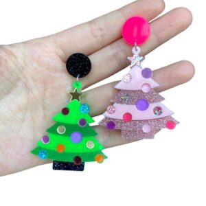 Wholesale Christmas acrylic earrings with colorful patchwork green and pink Christmas tree design