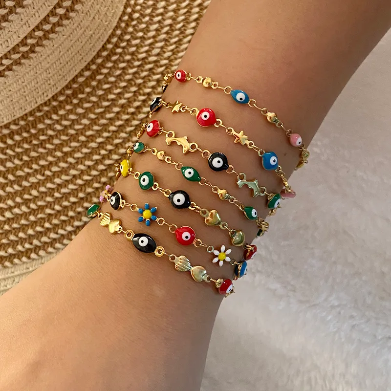 Wholesale Stainless Steel 18K Gold Plated Commute Enamel Heart Shape Eye Bracelets