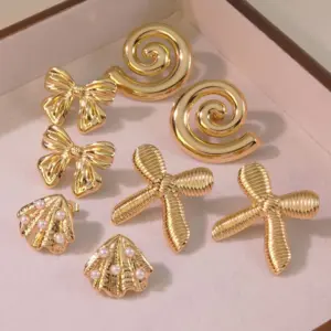 304 Stainless Steel Plastic Bow Knot Shell Electroplating Imitation Gold Simple Style Classic Style Commute Multicolor-Golden Yellow Ear Studs