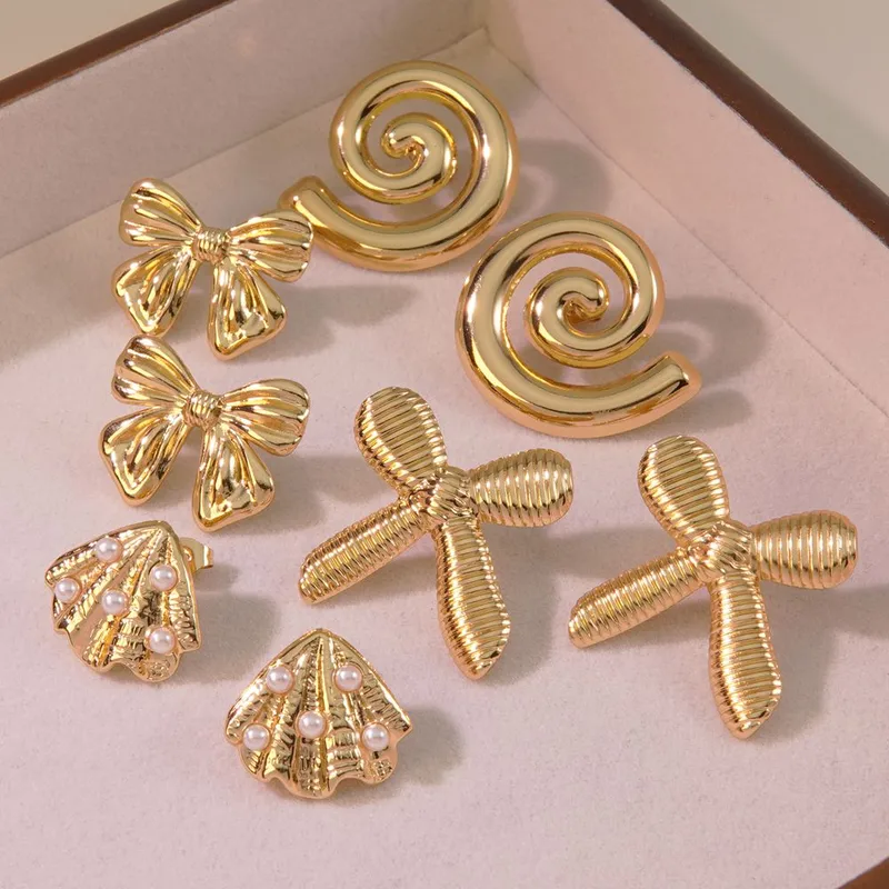 Wholesale 304 Stainless Steel Plastic Bow Knot Shell Electroplating Imitation Gold Simple Style Classic Style Commute Multicolor-Golden Yellow Ear Stu