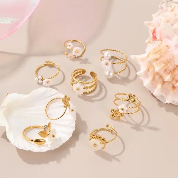 Wholesale Elegant Pearl Flower Stainless Steel Open Ring Gold Plated Adjustable Band Casual Holiday Jewelry Accessory For Women