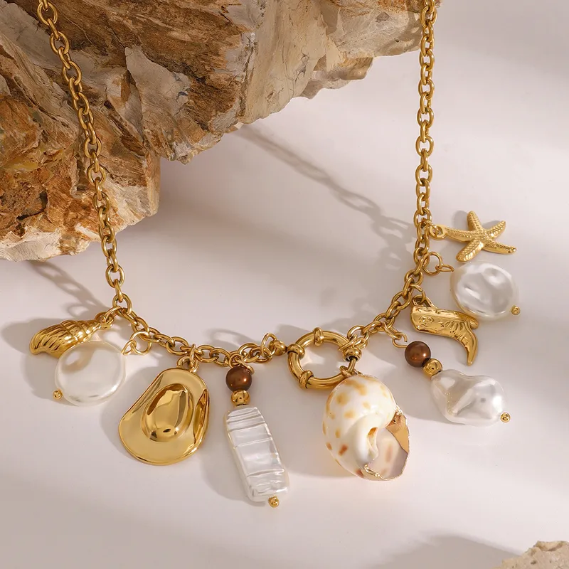 Wholesale PVD Coated Real Gold Plated Starfish Conch 304 Stainless Steel Simple Style Classic Style Waterproof Non Tarnish 304 Stainless Steel Necklac