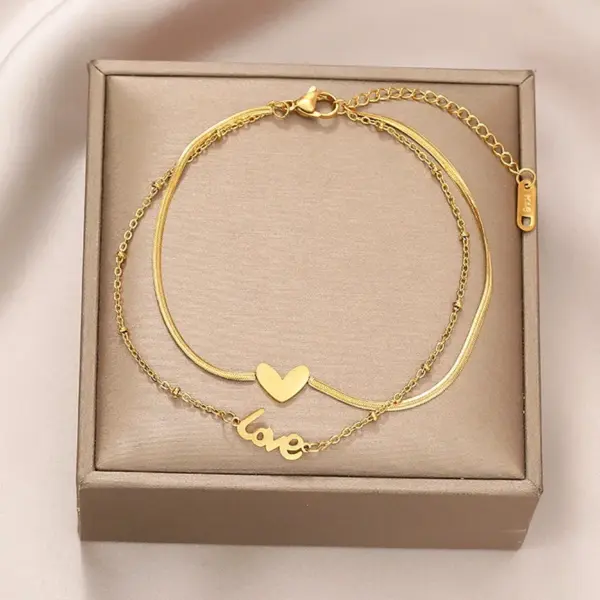 Wholesale 304 Stainless Steel Love Heart Shape PVD Coated 18K Real Gold Plated Elegant Romantic Solid Color Waterproof Non Tarnish Bracelets Anklet Necklace