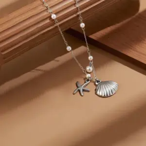 X0187-Pearl Starfish Shell-Necklace-Steel Color