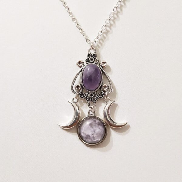 Wholesale Eucalyptus Cross-border Trade Triple Moon Goddess Necklace Amethyst Jewelry Retro Creative Personality Alloy Necklace