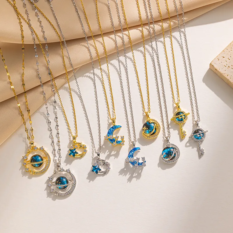 Wholesale PVD Coated Real Gold Plated 18K Gold Star Moon Planet Stainless Steel Casual Simple Style Waterproof Non Tarnish Titanium Steel Pendant Neck