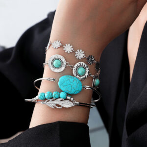 Wholesale Retro ethnic style turquoise feather flower 5-piece bracelet