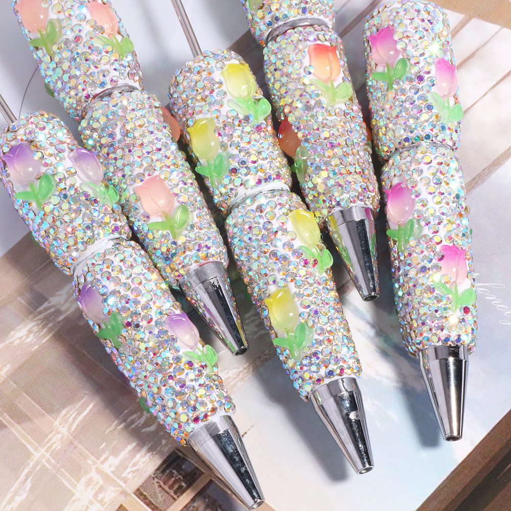 Wholesale New Colorful Tulip Flower Diamond Pen Full of Diamonds Loose Beads Beaded Pen DIY Bead Ballint Pen Jewelry Aessories