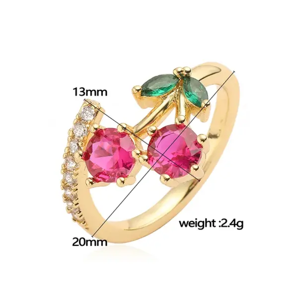 Wholesale Jewelry Casual Elegant Sweet Cherry Strawberry Copper Zircon 18K Gold Plated Enamel Plating Inlay Open Rings
