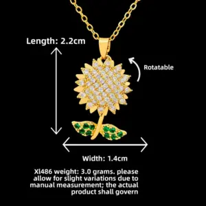 XL486 Rotating Green Leaf Sunflower Necklace / Gold
