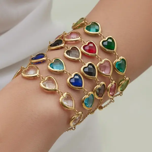 Wholesale 304 Stainless Steel Heart Glass Stone Zircon Earrings Heart Multicolor Vacuum Plating Chain Necklace Bracelet