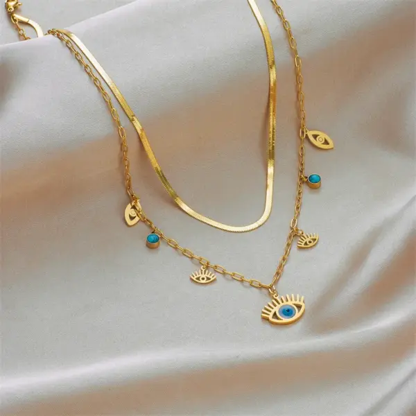 Wholesale PVD Coated Real Gold Plated Sun Eye Titanium Steel Fashion Waterproof Non Tarnish Layered Necklaces