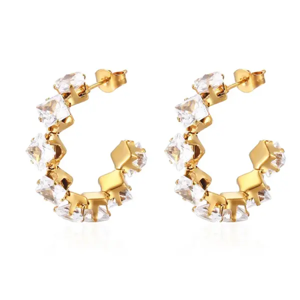 Wholesale 304 Stainless Steel C Shape Rhombus PVD Coated Zircon 18K Gold Plated IG Style Baroque Style Shiny Waterproof Non Tarnish Inlay Royal Blue Red Gold Ear Studs