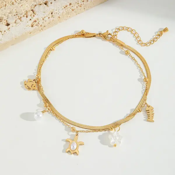 Wholesale Jewelry Casual Cute Beach Shell Fish 304 Stainless Steel Acrylic Imitation Pearl Zircon 18K Gold Plated Plating Inlay Anklet